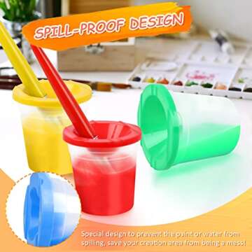 RNKP 4 Piece Children's No Spill Paint Cups with Colored Lids and 4 Piece Large Round Brush Set with Plastic Handles，Toddler Anti-Spill Paint Cup and Brush Set