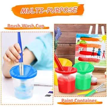RNKP 4 Piece Children's No Spill Paint Cups with Colored Lids and 4 Piece Large Round Brush Set with Plastic Handles，Toddler Anti-Spill Paint Cup and Brush Set