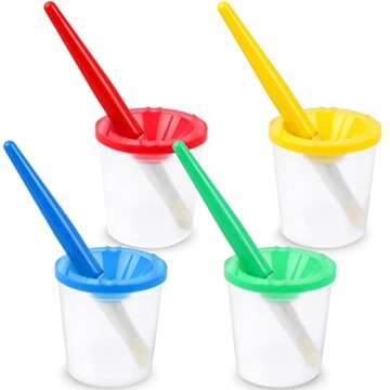 RNKP 4 Piece Children's No Spill Paint Cups with Colored Lids and 4 Piece Large Round Brush Set with Plastic Handles，Toddler Anti-Spill Paint Cup and Brush Set