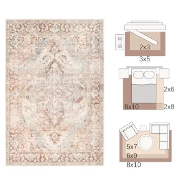 jinchan Area Rug 4x6 Washable Rug Brick Red Vintage Thin Rug Floral Floor Cover Retro Accent Rug Elegant Indoor Mat Non Slip Carpet for Kitchen Living Room Bedroom Dining Room