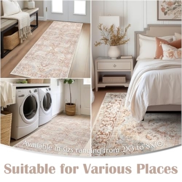 jinchan Area Rug 4x6 Washable Rug Brick Red Vintage Thin Rug Floral Floor Cover Retro Accent Rug Elegant Indoor Mat Non Slip Carpet for Kitchen Living Room Bedroom Dining Room