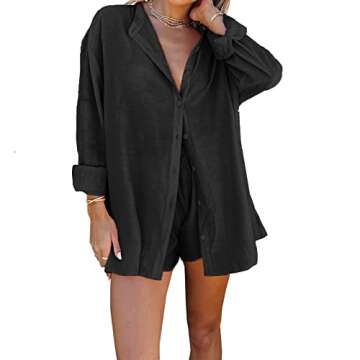 RUEWEY Women 2 Piece Tracksuit Casual Outfits Button Down Shirt Cardigan Tops + Elastic Waist Lounge Shorts Set (S, Black)