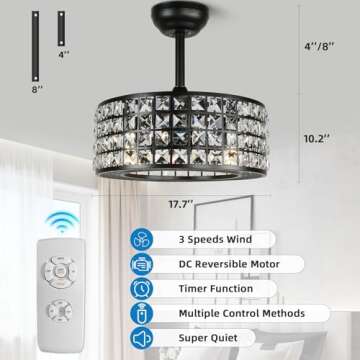 YYEHON Bladeless Ceiling Fan with Lights and Remote, 18" Caged Industrial Fandelier, Indoor Crystal ...