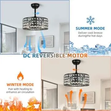 YYEHON Bladeless Ceiling Fan with Lights and Remote, 18" Caged Industrial Fandelier, Indoor Crystal Chandelier Ceiling Fan for Bedroom, Living Room, Dinning Room, Kids Room, Black