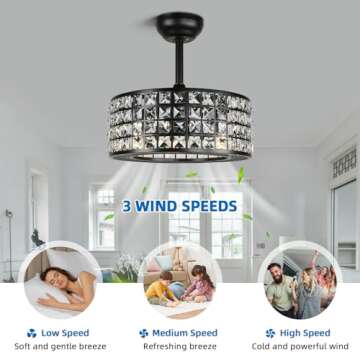 YYEHON Bladeless Ceiling Fan with Lights and Remote, 18" Caged Industrial Fandelier, Indoor Crystal Chandelier Ceiling Fan for Bedroom, Living Room, Dinning Room, Kids Room, Black
