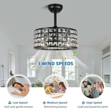 YYEHON Bladeless Ceiling Fan with Lights and Remote, 18" Caged Industrial Fandelier, Indoor Crystal Chandelier Ceiling Fan for Bedroom, Living Room, Dinning Room, Kids Room, Black