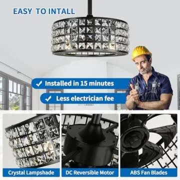 YYEHON Bladeless Ceiling Fan with Lights and Remote, 18" Caged Industrial Fandelier, Indoor Crystal Chandelier Ceiling Fan for Bedroom, Living Room, Dinning Room, Kids Room, Black