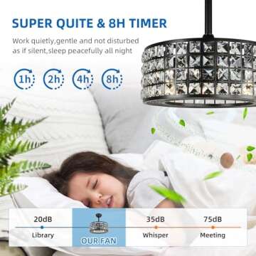 YYEHON Bladeless Ceiling Fan with Lights and Remote, 18" Caged Industrial Fandelier, Indoor Crystal Chandelier Ceiling Fan for Bedroom, Living Room, Dinning Room, Kids Room, Black