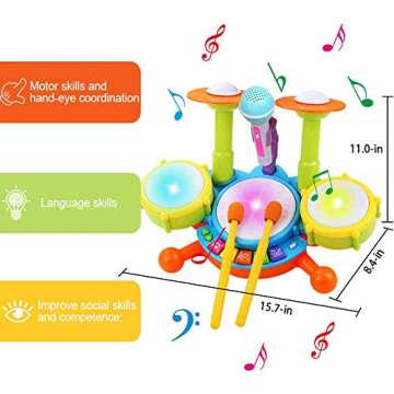 POKONBOY Kids Drum Set for Toddler 1-3, Musical Instruments Learning Toys with 2 Drum Sticks Adjusta...