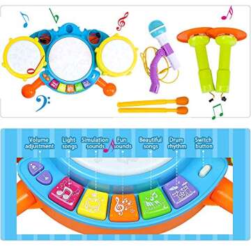 POKONBOY Kids Drum Set for Toddler 1-3, Musical Instruments Learning Toys with 2 Drum Sticks Adjustable Microphone Birthday for Boys Girls 6 12 18 Month (Yellow)