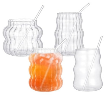 Ziliny Creative Glassware Set – 4 Aesthetic Wave Shape Cups with Straws for Stylish Entertaining