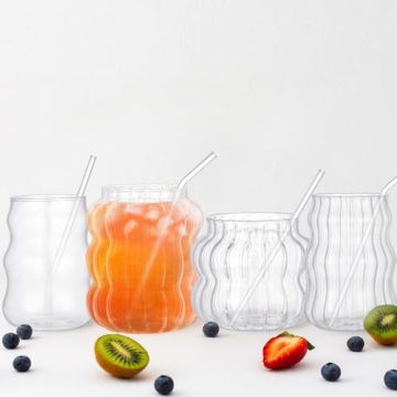 Ziliny 4 Pcs Wave Shape Glassware Set with Straws