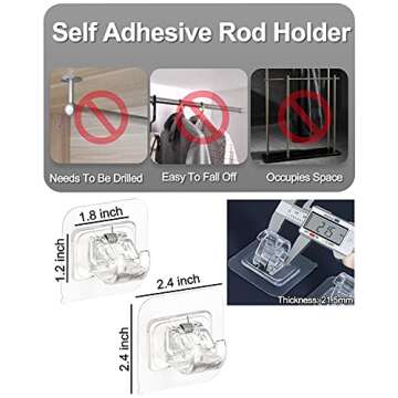 Curtain Rod Bracket No Drilling 8pcs, Self Adhesive Curtain Rod Brackets, Nail Free Adjustable Drapery Towel Holder Fixing Hook for Home Bathroom Kitchen and Hotel Use (Transparent)