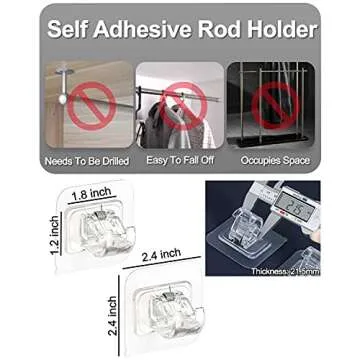 Curtain Rod Bracket No Drilling 8pcs, Self Adhesive Curtain Rod Brackets, Nail Free Adjustable Drapery Towel Holder Fixing Hook for Home Bathroom Kitchen and Hotel Use (Transparent)