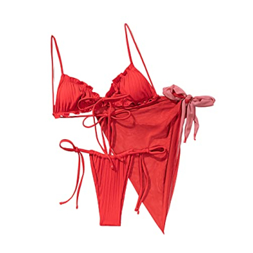 SOLY HUX Women's Red Bikini Set with Mesh Cover Up