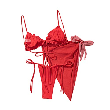 SOLY HUX Women's Red Bikini Set with Mesh Cover Up