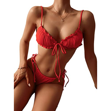 SOLY HUX Women's Red Bikini Set with Mesh Cover Up