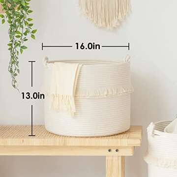 CherryNow Large Woven Storage Baskets – 16'' x 13'' Cotton Rope Decorative Hamper for Nursery, Toys, Blankets, and Laundry, Cute Tassel Nursery Decor - Home Storage Container Off-white