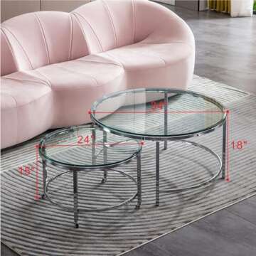 JIEJIEGAO 2 PC Nesting Coffee Table, Round Clear Glass End Tables Set, Sleek Silver Metal Base Side ...