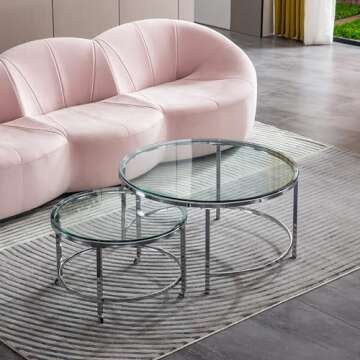 JIEJIEGAO 2 PC Nesting Coffee Table, Round Clear Glass End Tables Set, Sleek Silver Metal Base Side Table, Stylish Snack Table for Living Room, Accent Tea Table for Small Spaces