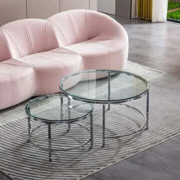 JIEJIEGAO 2 PC Nesting Coffee Table, Round Clear Glass End Tables Set, Sleek Silver Metal Base Side Table, Stylish Snack Table for Living Room, Accent Tea Table for Small Spaces