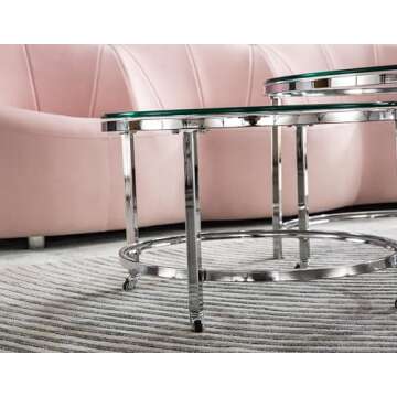 JIEJIEGAO 2 PC Nesting Coffee Table, Round Clear Glass End Tables Set, Sleek Silver Metal Base Side Table, Stylish Snack Table for Living Room, Accent Tea Table for Small Spaces