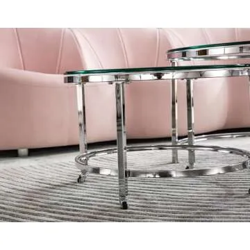 JIEJIEGAO 2 PC Nesting Coffee Table, Round Clear Glass End Tables Set, Sleek Silver Metal Base Side Table, Stylish Snack Table for Living Room, Accent Tea Table for Small Spaces