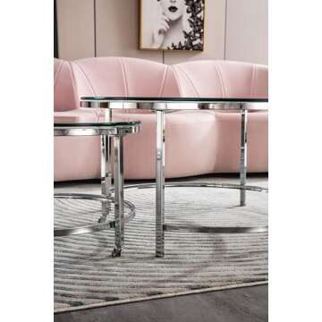 JIEJIEGAO 2 PC Nesting Coffee Table, Round Clear Glass End Tables Set, Sleek Silver Metal Base Side Table, Stylish Snack Table for Living Room, Accent Tea Table for Small Spaces