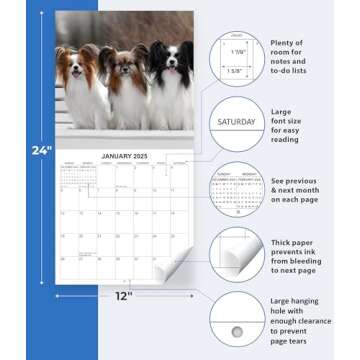 2025 Papillons Monthly Wall Calendar | 12" x 24" | Thick Sturdy Paper | Dog Calendar 2024-2025