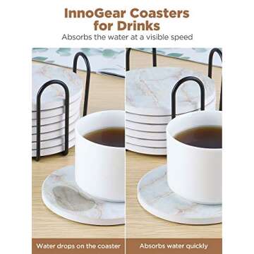 InnoGear Coasters for Drinks, 8 Pieces with Holder Absorbent Ceramic Stone Marble Pattern Reusable Coaster with Cork Base for Drinks, Gift Set for Birthday Housewarming Apartment Kitchen Bar Décor