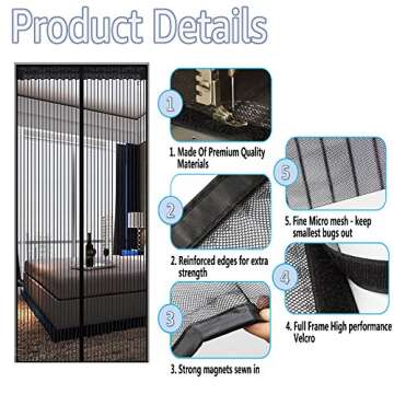 TheFitLife Magnetic Screen Door - Heavy Duty Mesh Curtain with Full Frame Hook and Loop Powerful Magnets That Snap Shut Automatically (62''x81'' - Fits Doors up to 60''x80'', Black)