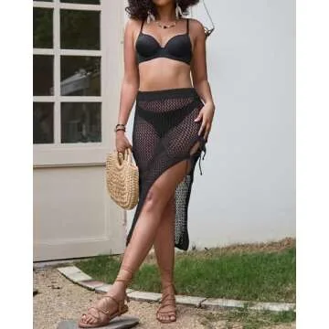 Bsubseach Womens Swimsuit Crochet Skirt Cover Up Hollow Out Knit Drawstring Bikini Wrap Swimwear Sarongs Side Slit Maxi Beach Skirts Black XL