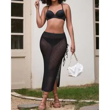 Bsubseach Womens Swimsuit Crochet Skirt Cover Up Hollow Out Knit Drawstring Bikini Wrap Swimwear Sarongs Side Slit Maxi Beach Skirts Black XL
