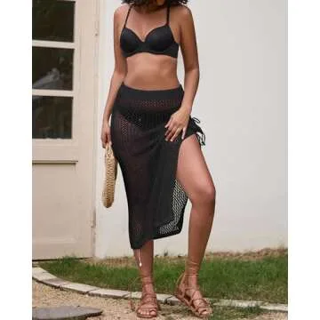 Bsubseach Womens Swimsuit Crochet Skirt Cover Up Hollow Out Knit Drawstring Bikini Wrap Swimwear Sarongs Side Slit Maxi Beach Skirts Black XL