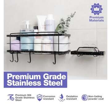 KINCMAX Premium Shower Caddy with Soap Holder - Adhesive Bathroom Shower Organizer and Storage w/ 4 Hooks, No Drill Shower Shelves for Inside Shower, Rustproof Stainless Steel Shower Rack, Black