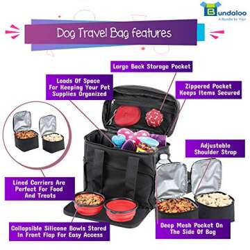 Bundaloo Dog Travel Bag Accessories Supplies Organizer 5-Piece Set with Shoulder Strap | 2 Lined Pet...