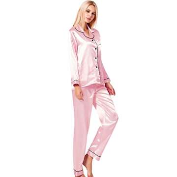 SWOMOG Womens Silk Satin Pajamas Long Sleeve Loungewear Two-piece Sleepwear Button-Down Pj Set Pink