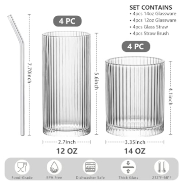Premium Vintage Glass Cups Set with Straws - Durable & Stylish