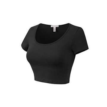 MixMatchy Women's Cotton Solid Scoop Neck Cap Sleeve Crop Top Shirt Black M