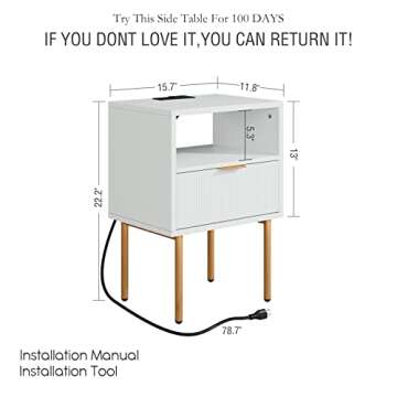 Masupu Nightstand with Charging Station,Mid-Century Modern Bedside Table with Storage Drawer and Ope...