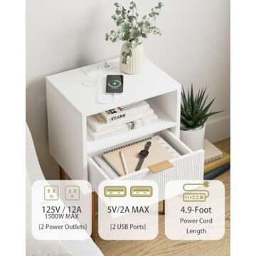 Masupu Nightstand with Charging Station,Mid-Century Modern Bedside Table with Storage Drawer and Open Wood Shelf,Small Gold Frame Side Table for Bedroom,Living Room (White)
