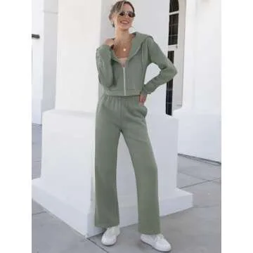 ANRABESS Women 2 Piece Outfits Sweatsuit Zip Up Crop Hoodies SweatPants Lounge Matching Sweat Set 2024 Winter Trendy Clothes Light Green Small