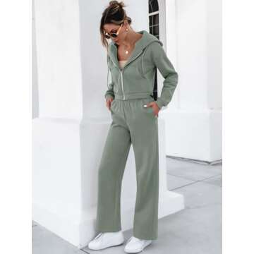 ANRABESS Women 2 Piece Outfits Sweatsuit Zip Up Crop Hoodies SweatPants Lounge Matching Sweat Set 2024 Winter Trendy Clothes Light Green Small