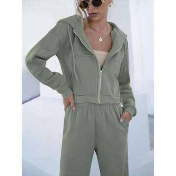 ANRABESS Women 2 Piece Outfits Sweatsuit Zip Up Crop Hoodies SweatPants Lounge Matching Sweat Set 2024 Winter Trendy Clothes Light Green Small