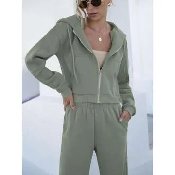 ANRABESS Women 2 Piece Outfits Sweatsuit Zip Up Crop Hoodies SweatPants Lounge Matching Sweat Set 2024 Winter Trendy Clothes Light Green Small