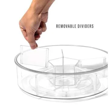 BINO Plastic Round Turntable Organizer with 6 Compartments - Clear | Spinning Divided Turntable Container | Rotating Organizer Storage for Bottle Condiments Fridge Kitchen Counter Pantry Bathroom