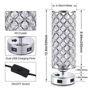 Kakanuo USB Crystal Table Lamps Bedside Lamps Set of 2, Modern Nightstand Lamps with Dual USB Charging Ports, Glam Bedroom Lamps Table Lamps for Bedroom, Living Room, Study Room and Office (Set of 2)