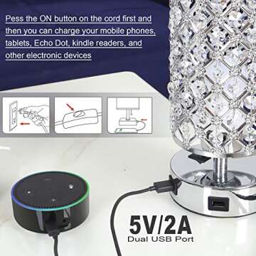 Kakanuo USB Crystal Table Lamps Bedside Lamps Set of 2, Modern Nightstand Lamps with Dual USB Charging Ports, Glam Bedroom Lamps Table Lamps for Bedroom, Living Room, Study Room and Office (Set of 2)