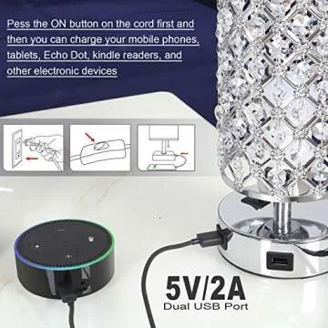 Kakanuo USB Crystal Table Lamps Bedside Lamps Set of 2, Modern Nightstand Lamps with Dual USB Charging Ports, Glam Bedroom Lamps Table Lamps for Bedroom, Living Room, Study Room and Office (Set of 2)