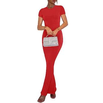 REORIA Women's Summer Sexy Casual Lounge Long Dress Elegant Wedding Guest Short Sleeve Crew Neck Bodycon Maxi Dresses Red Small